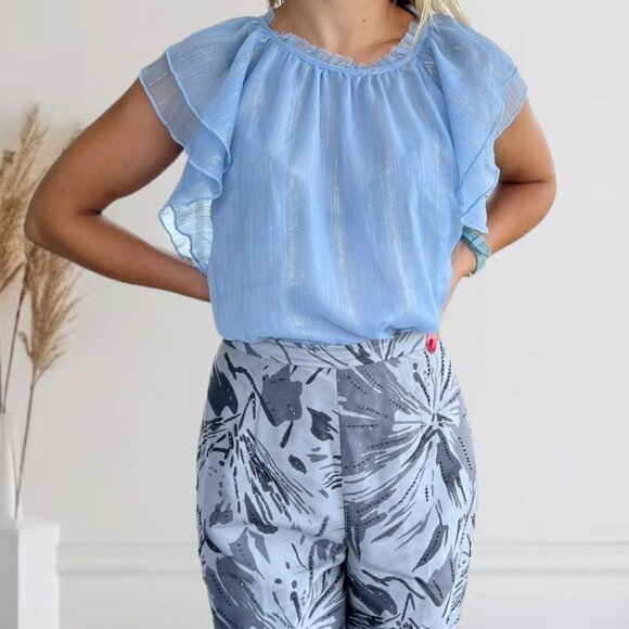 LOFT Tops - Loft Blue Ruffle Metallic Stripe Blouse Size Large